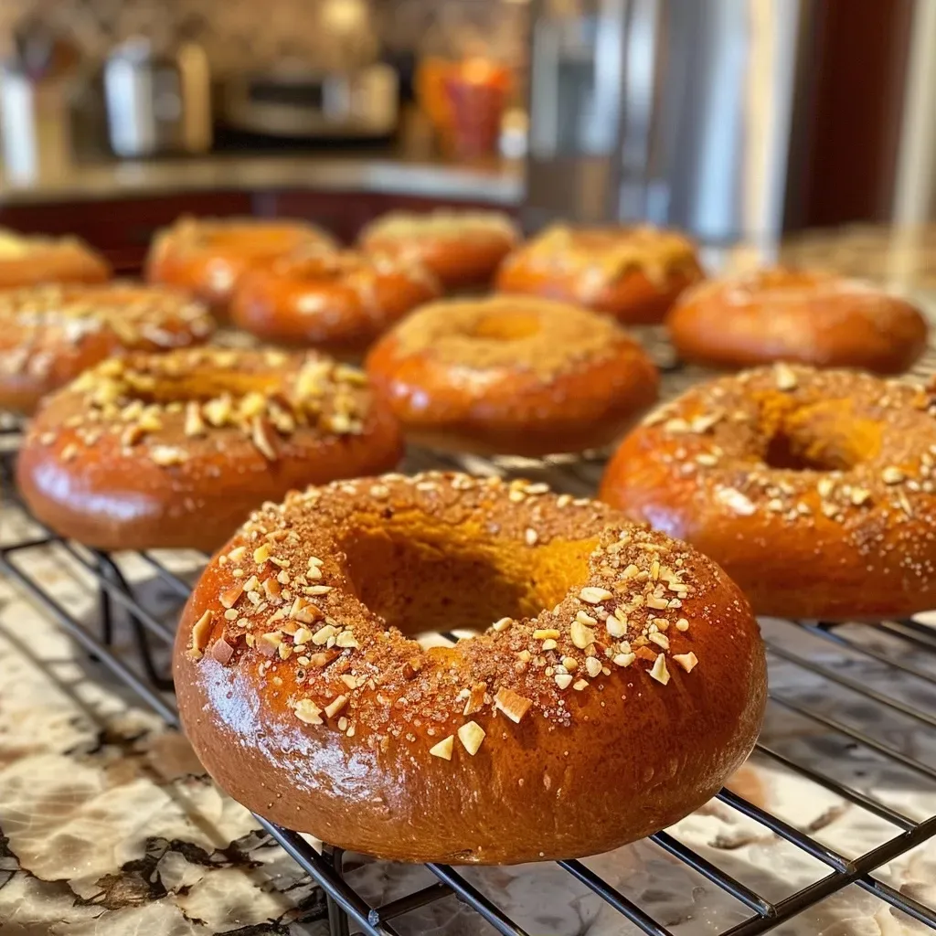 Close up de bagels de calabaza recién horneados.