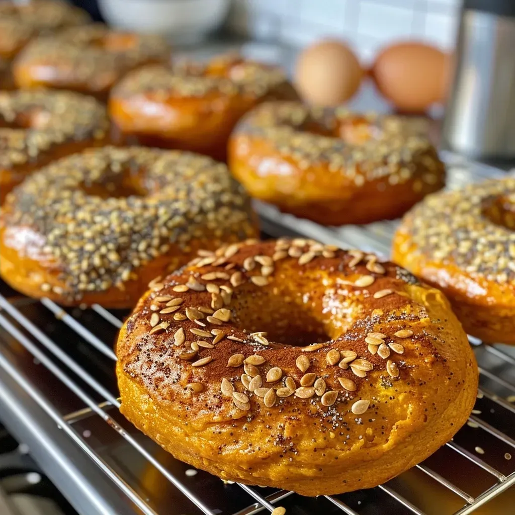 Primer plano de bagels de calabaza con semillas de calabaza.