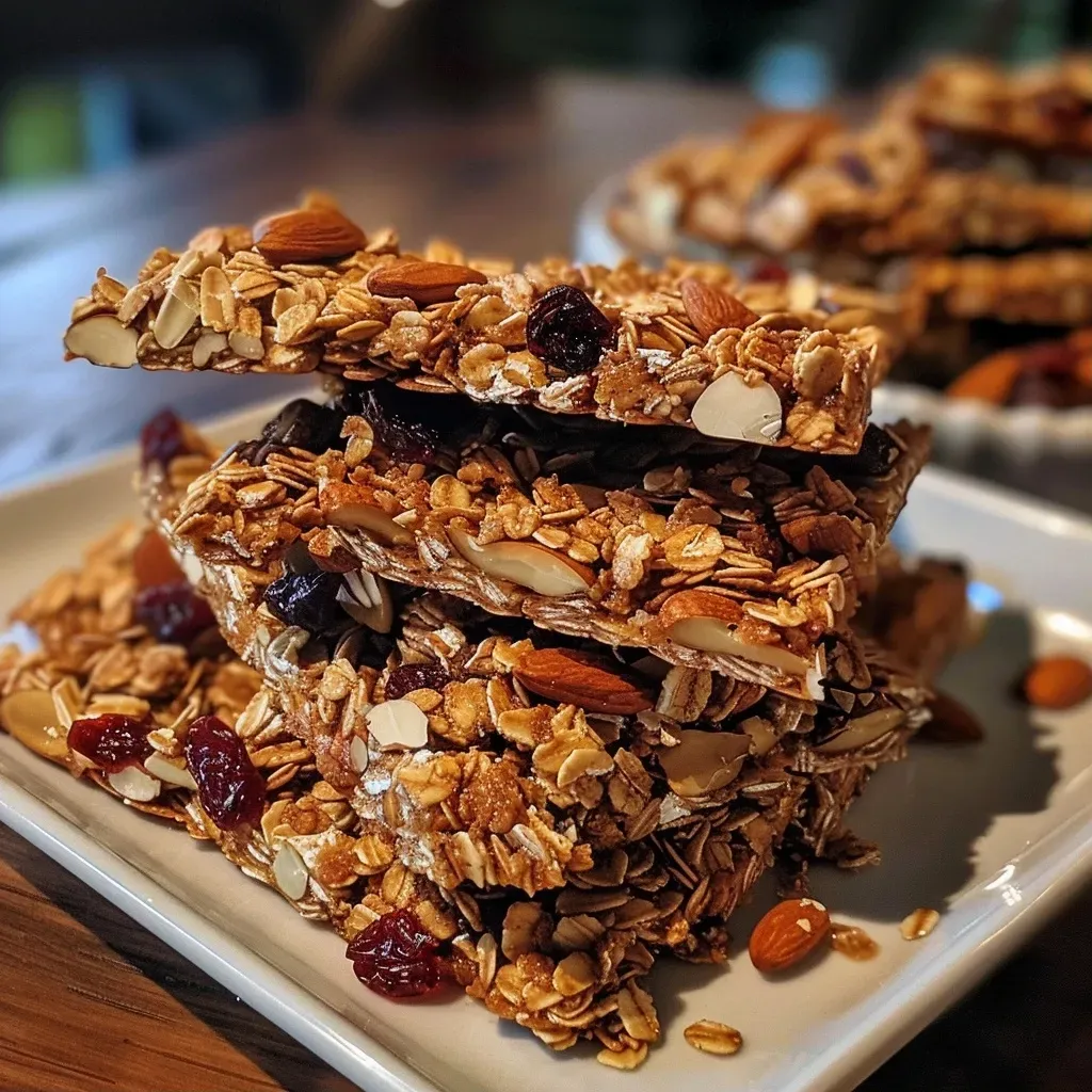 Barras de granola caseras en primera plana, mostrando ingredientes como nueces y frutas secas.
