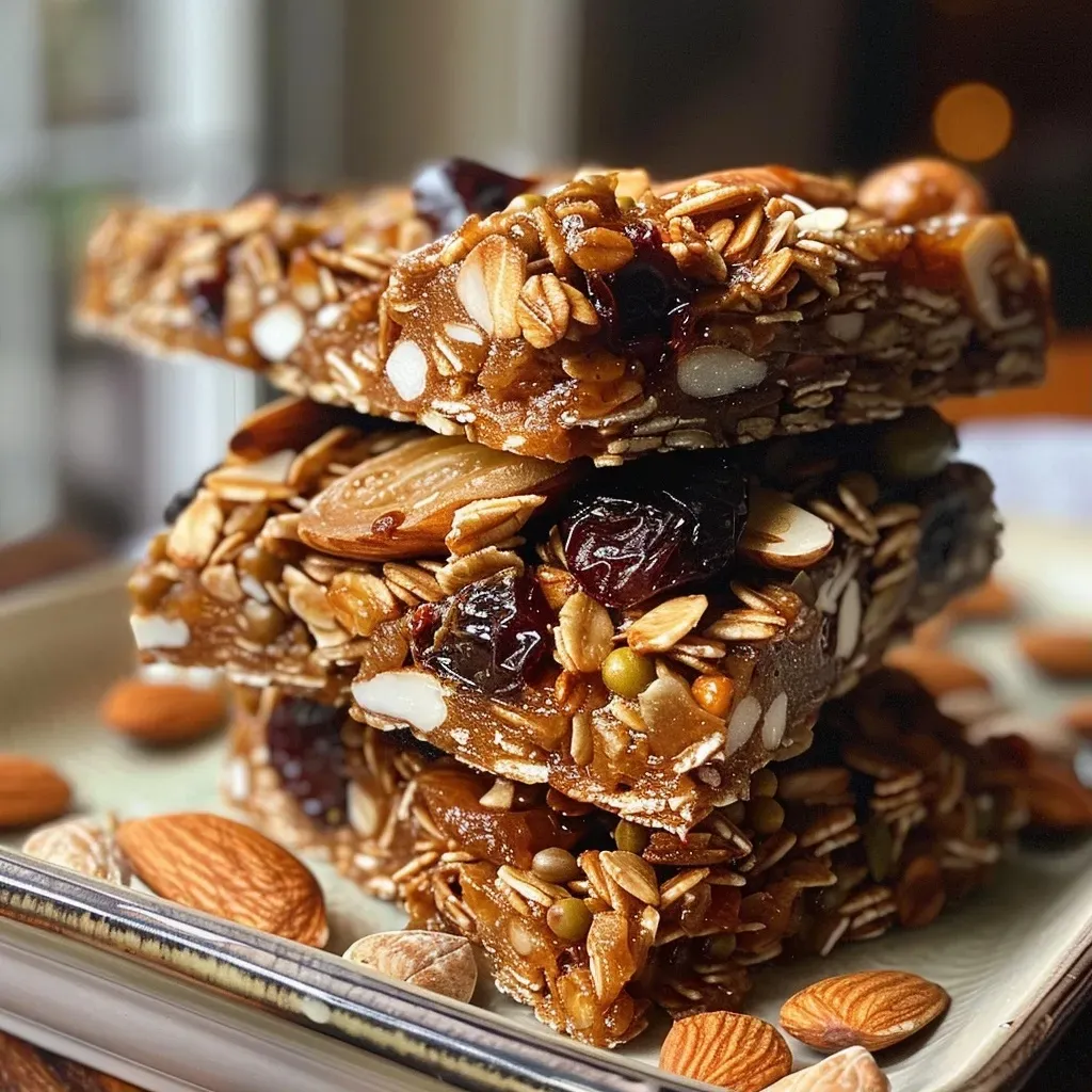 Barras de granola saludables con ingredientes visibles en primer plano.