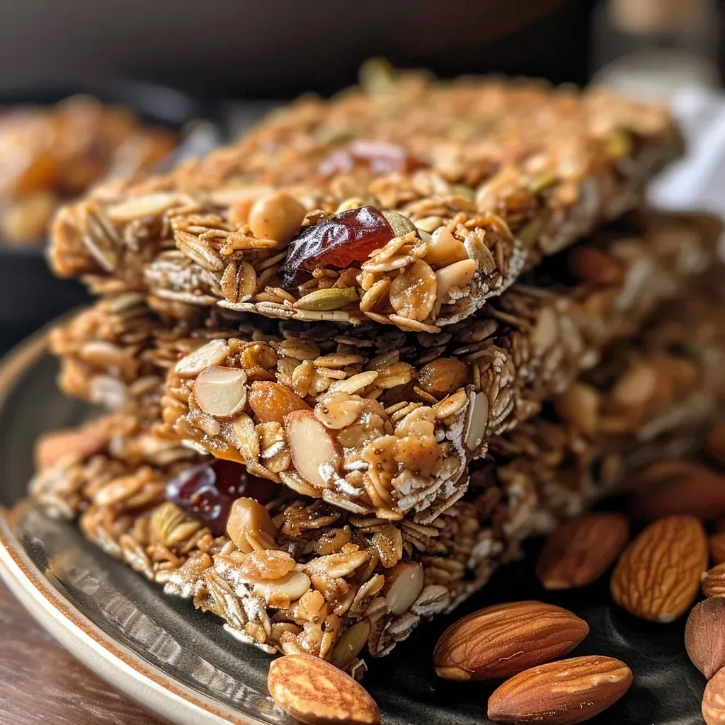 Primer plano de barras de granola con almendras y cerezas secas.