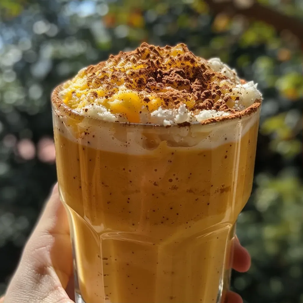 Batido de calabaza en un vaso con hielo.