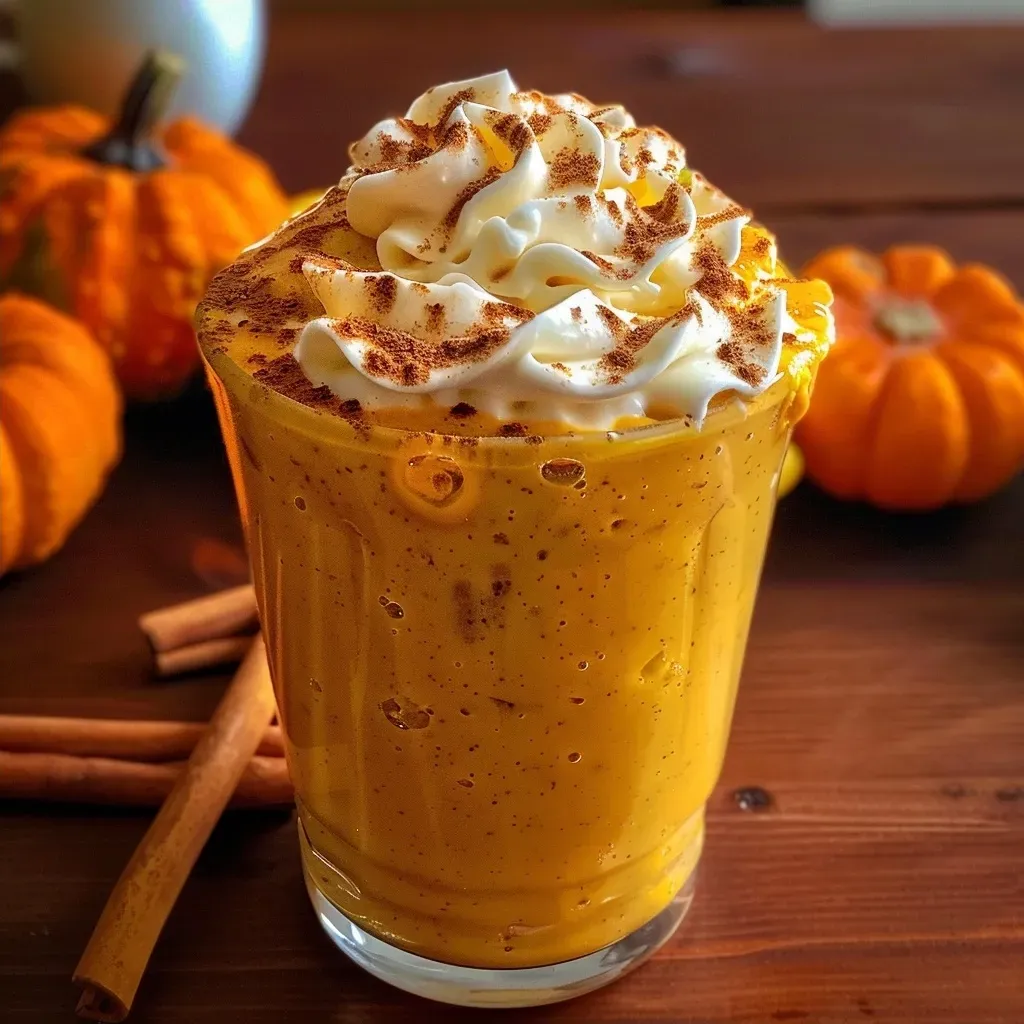 Close up de un batido de calabaza junto a ingredientes.