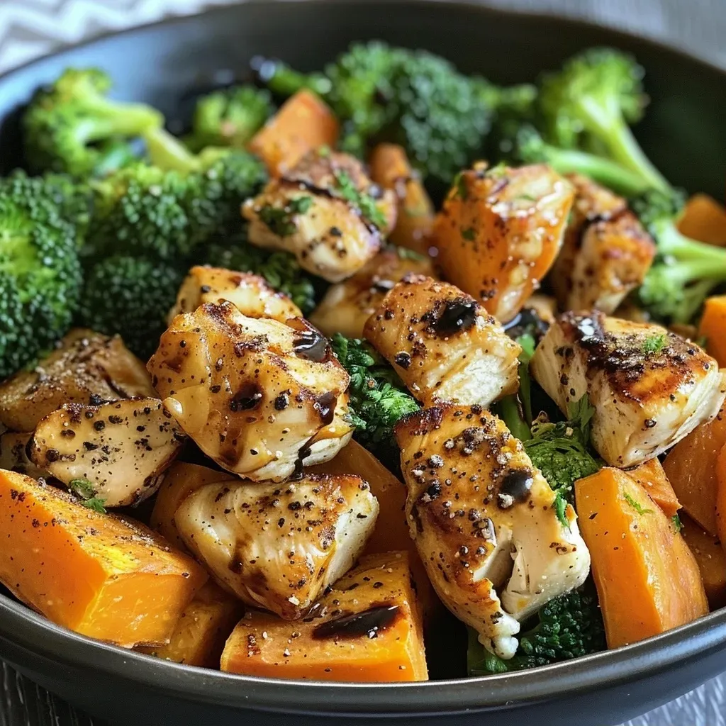 Tazón de pollo crujiente con batata asada y brócoli.