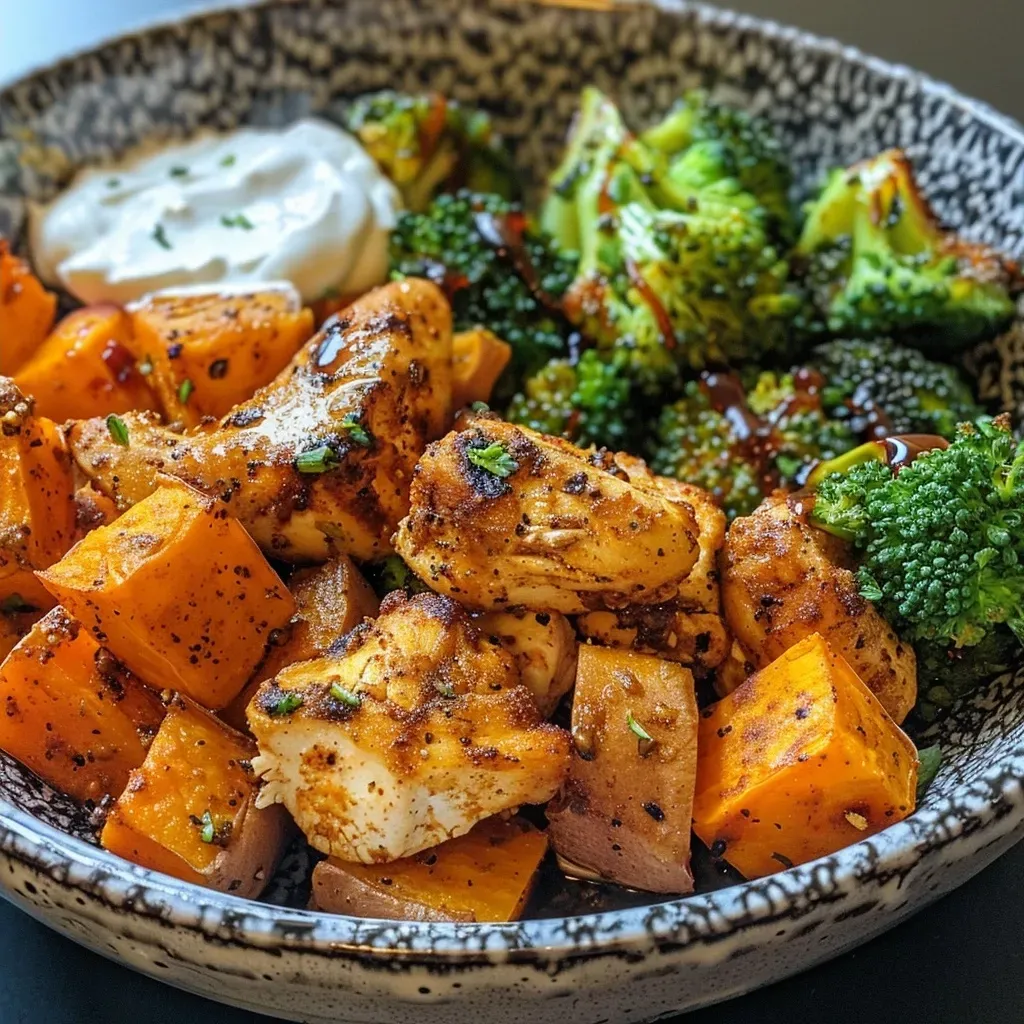 Bol de pollo jugoso acompañado de batata y verduras.