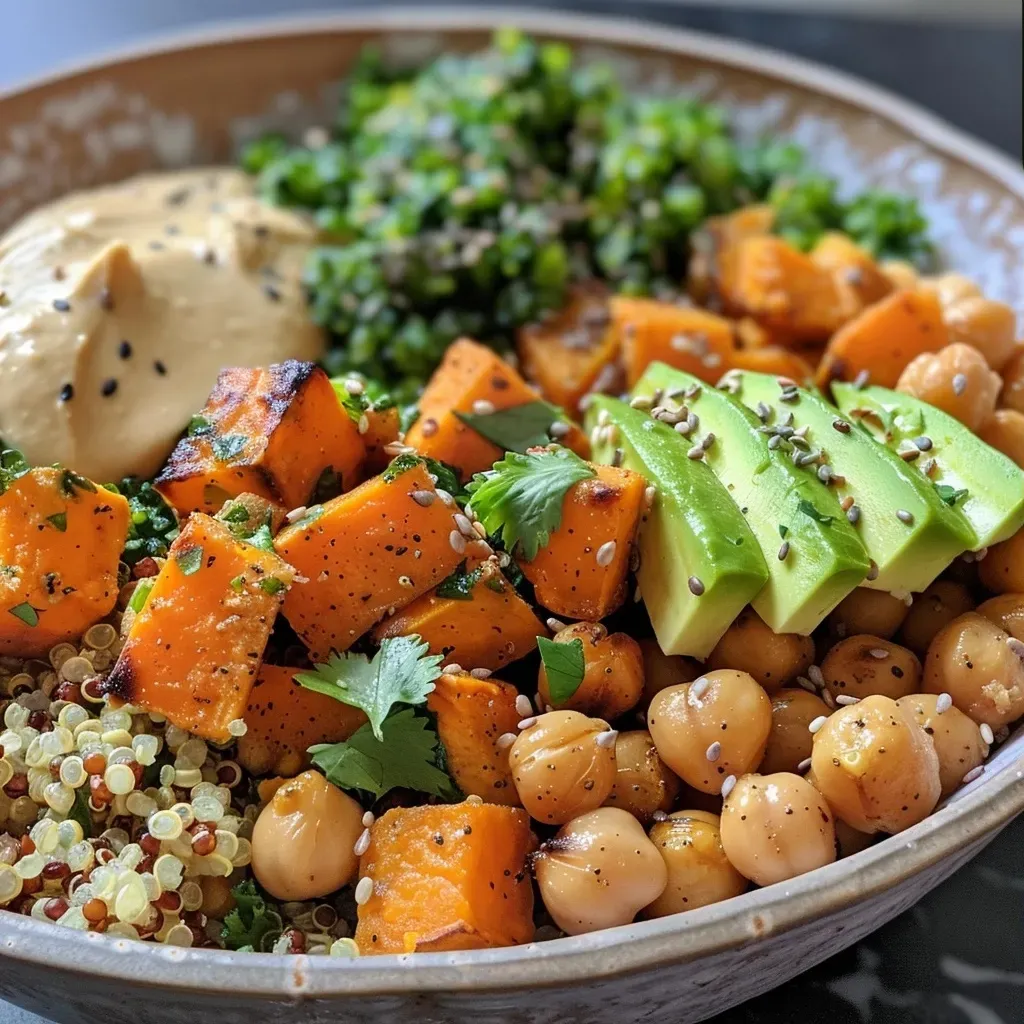 Tazón buda vegano con quinoa, garbanzos y aguacate.