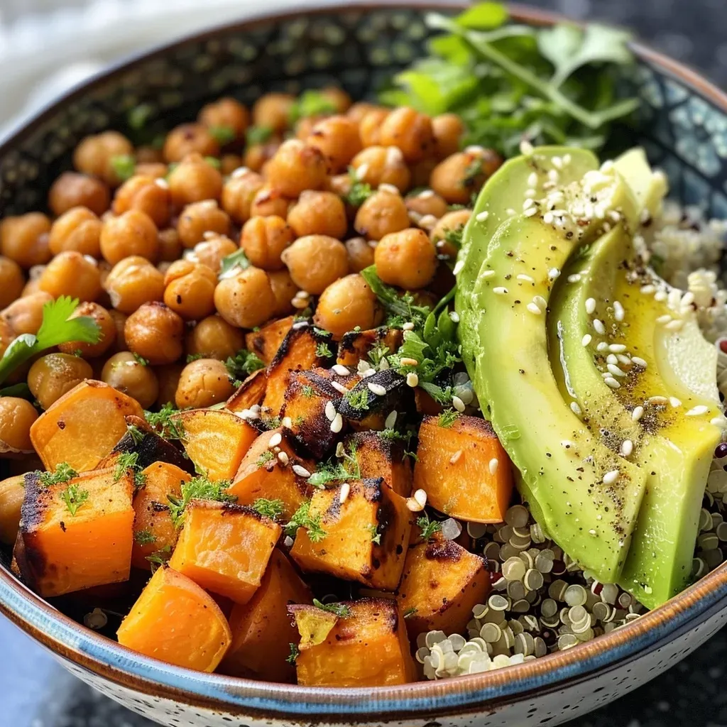 Primer plano de un Buddha Bowl vegano lleno de colores vibrantes.