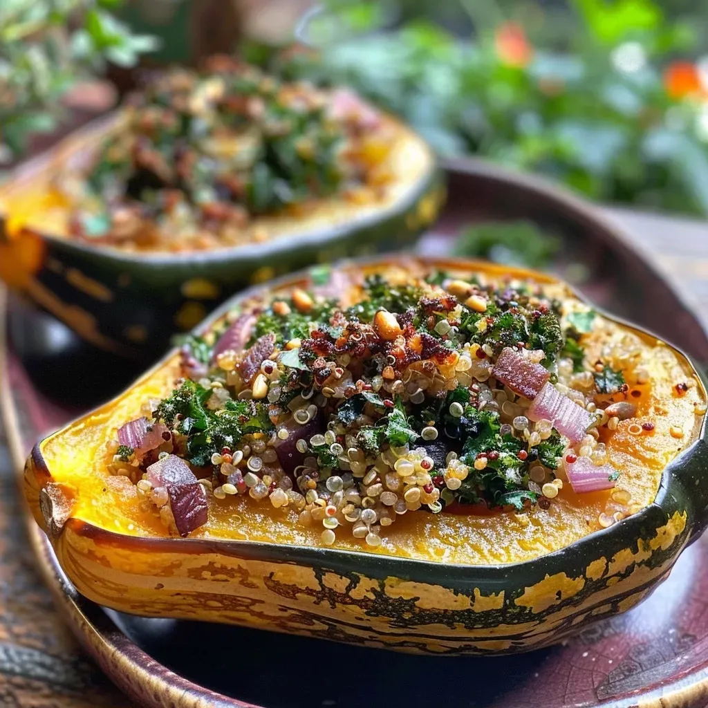 Primer plano de calabaza moscada rellena en freidora de aire.