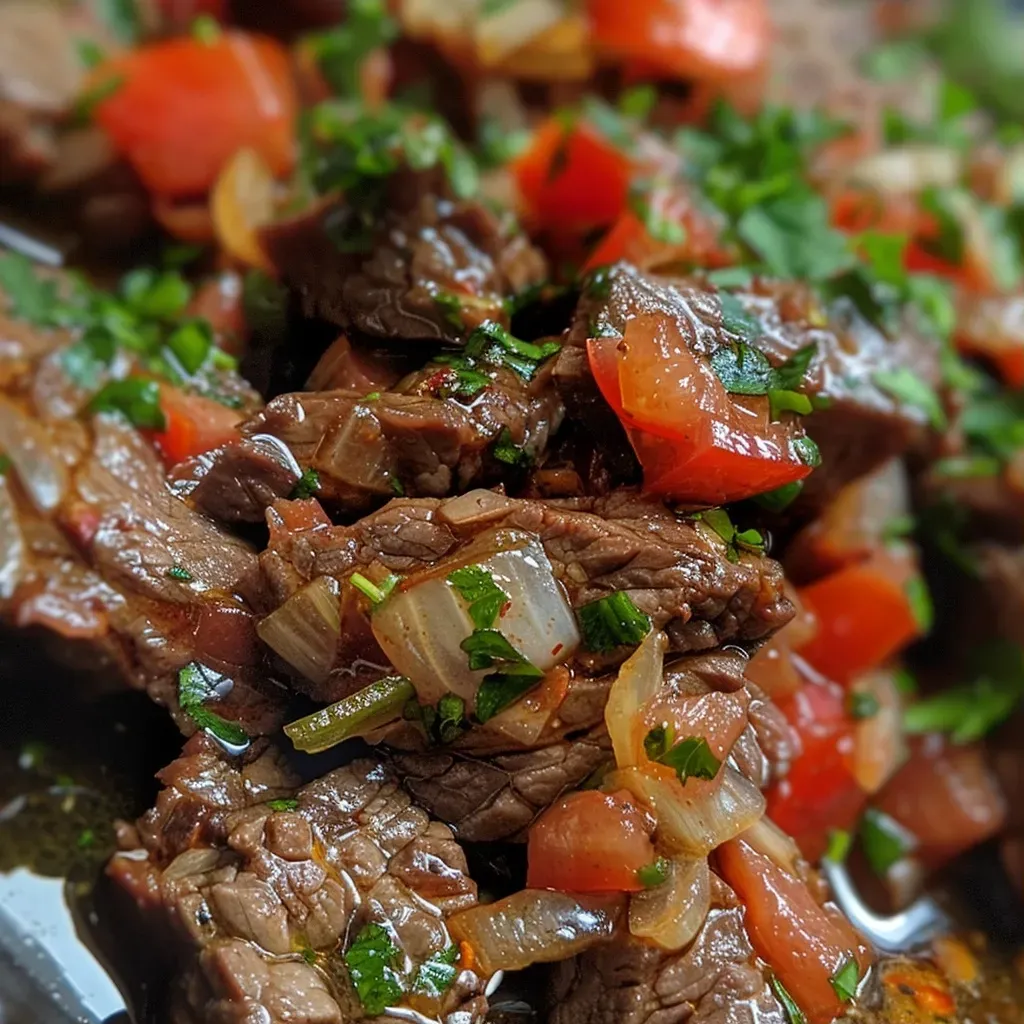 Carne encebollada jugosa servida en un plato.