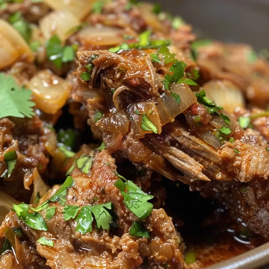 Primer plano de carne encebollada con cebolla dorada.