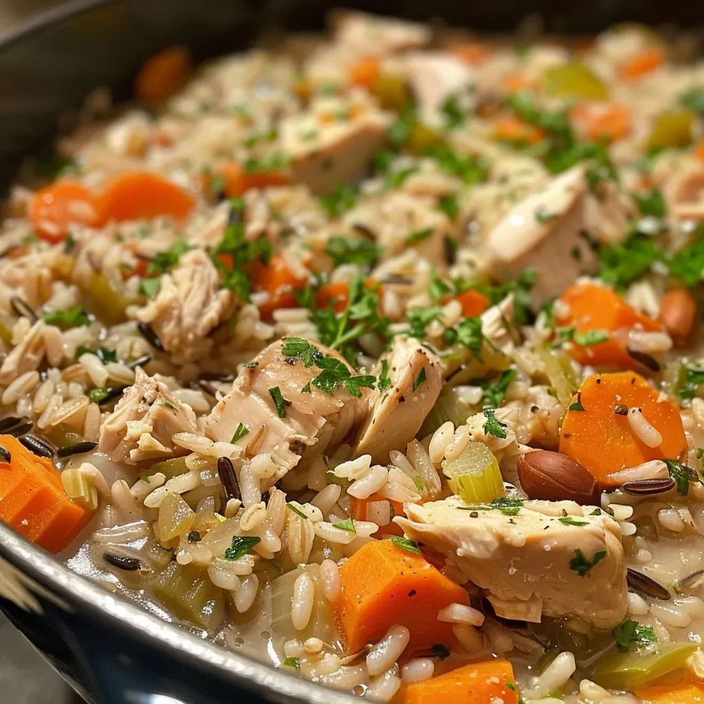 Cazuela de arroz salvaje con pollo y vegetales, vista lateral.