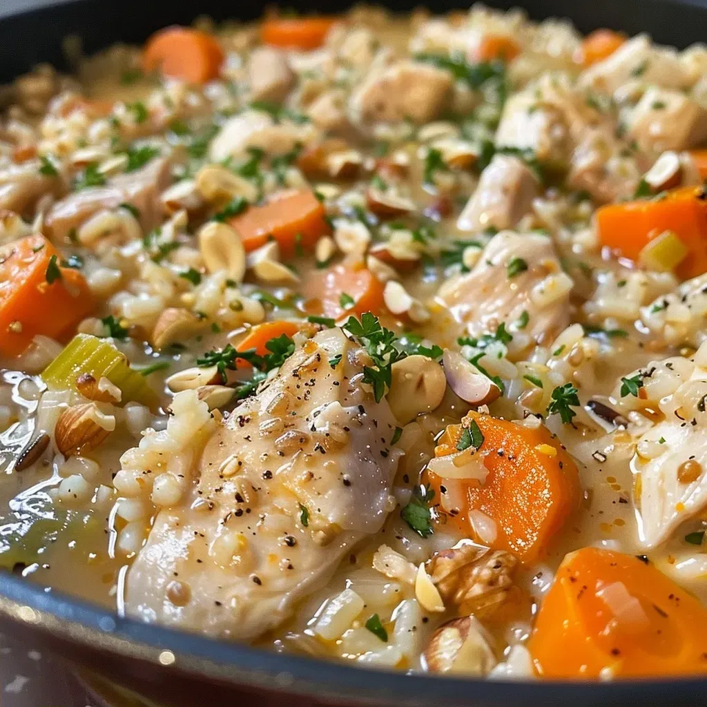 Plato de cazuela de arroz salvaje con pollo, mostrando sus ingredientes.