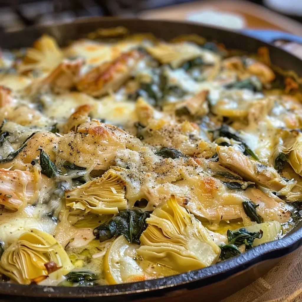 Cazuela de pollo con espinacas y alcachofas, vista lateral.
