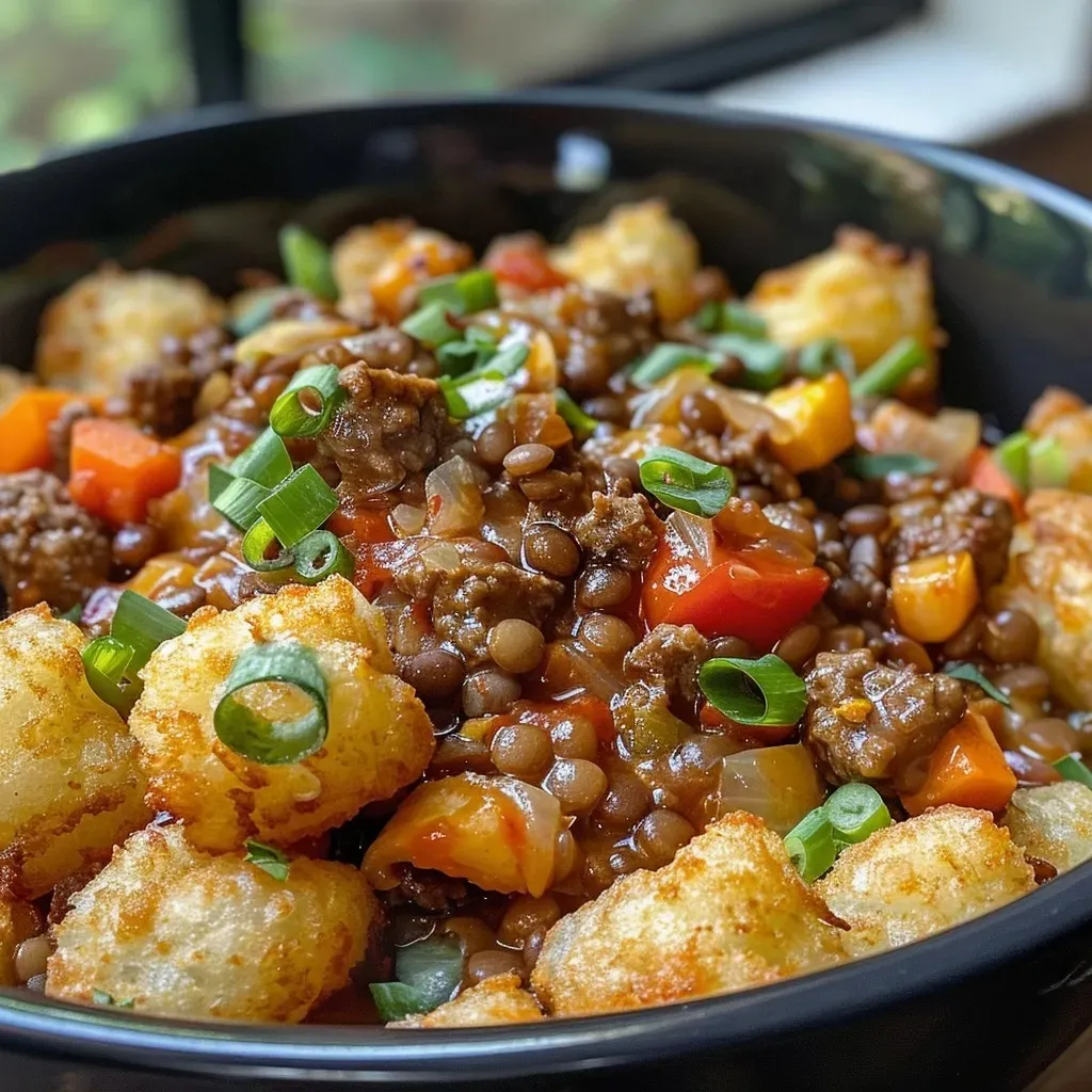 Cazuela saludable de tater tots con carne y lentejas, vista lateral.