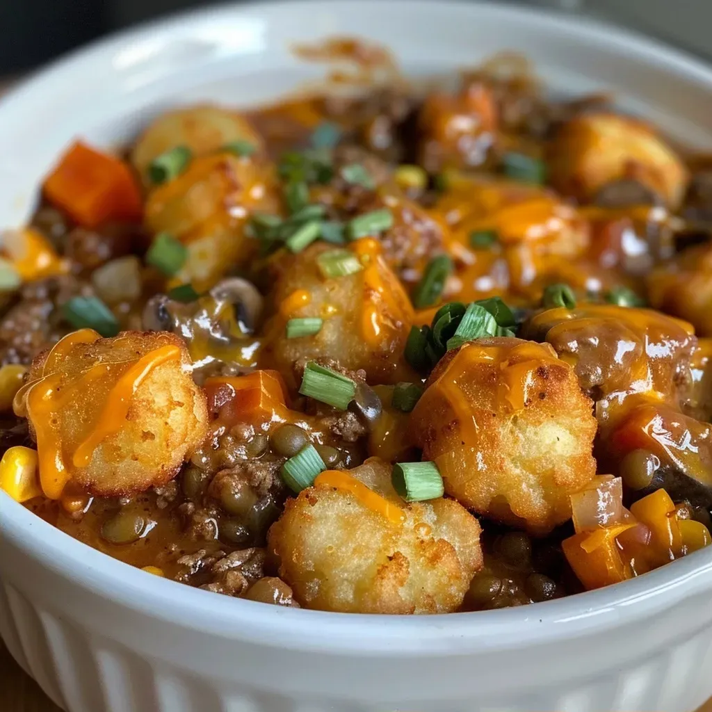 Close up de un plato de cazuela de tater tots, con carne y vegetales.