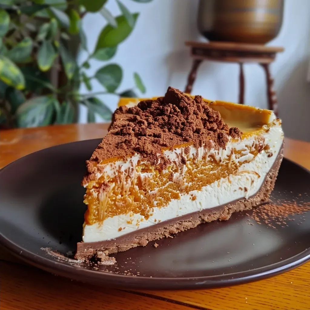 Vista lateral de cheesecake de calabaza con textura suave.