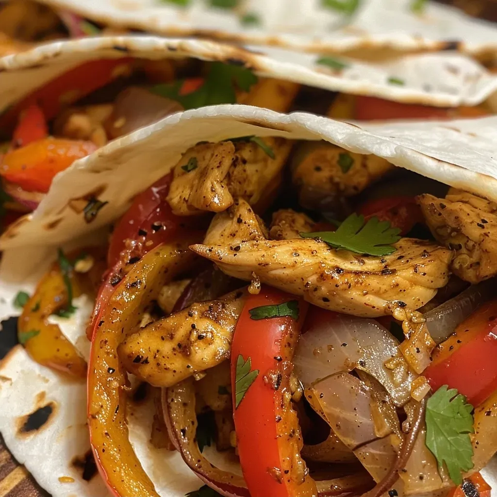 Primer plano de wraps de fajitas de pollo.
