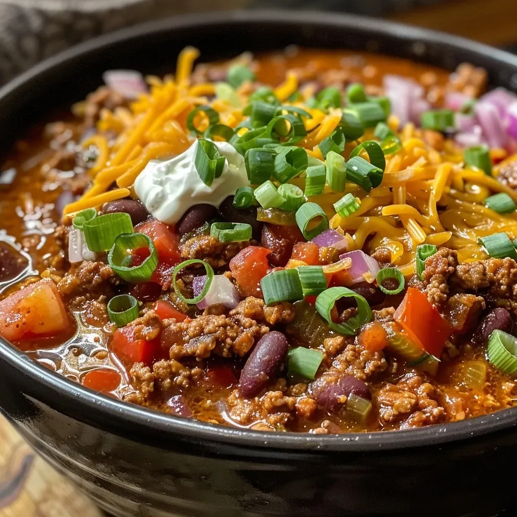 Tazón de Chili Con Carne con carne molida y frijoles.