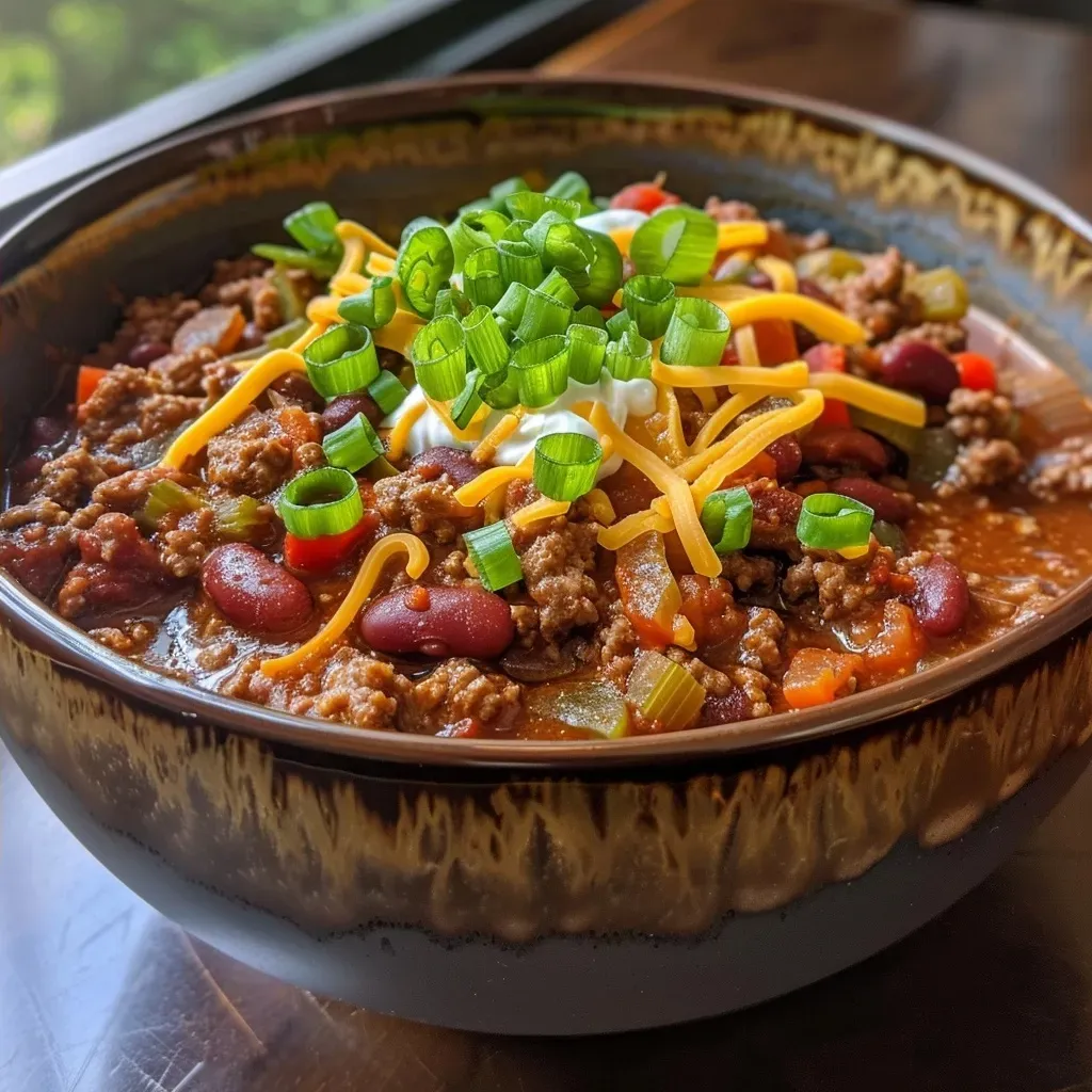 Plato de Chili Con Carne decorado con queso y cebollas verdes.
