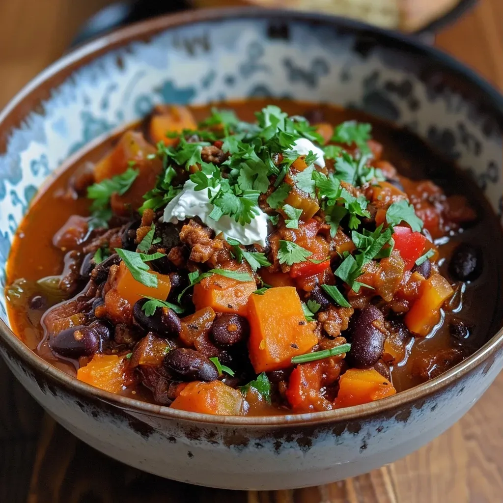 Chili con calabaza y frijoles negros en primer plano.