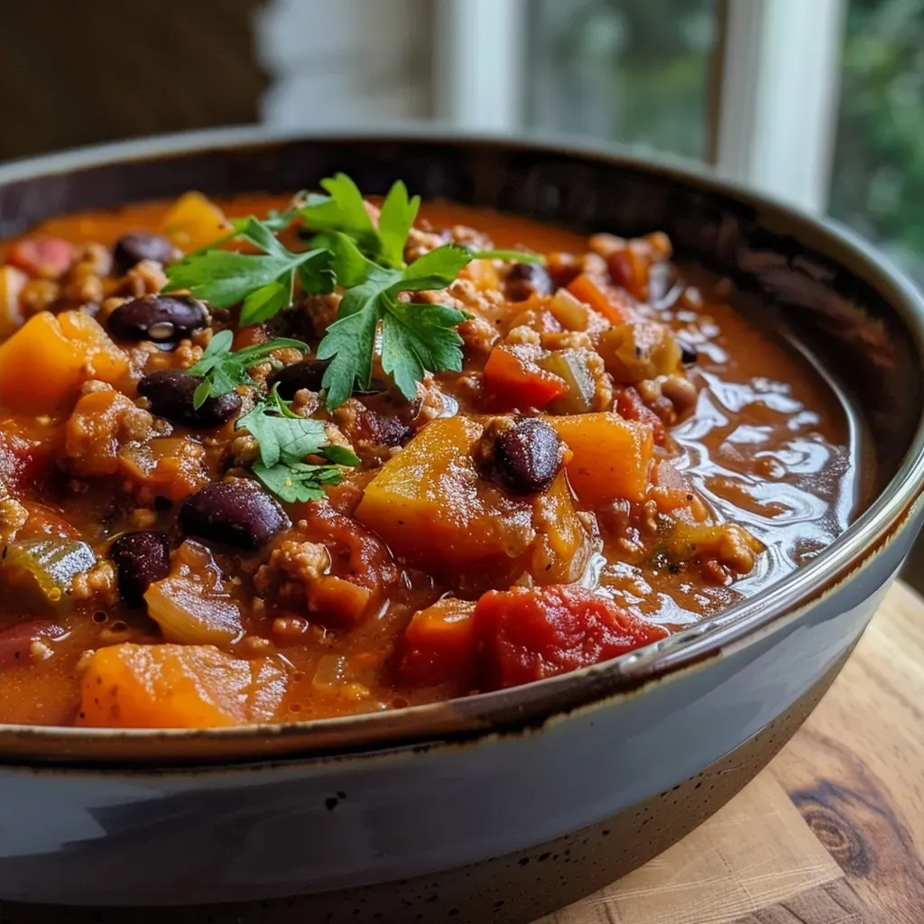 Tazón de chili con trozos de calabaza y frijoles negros.