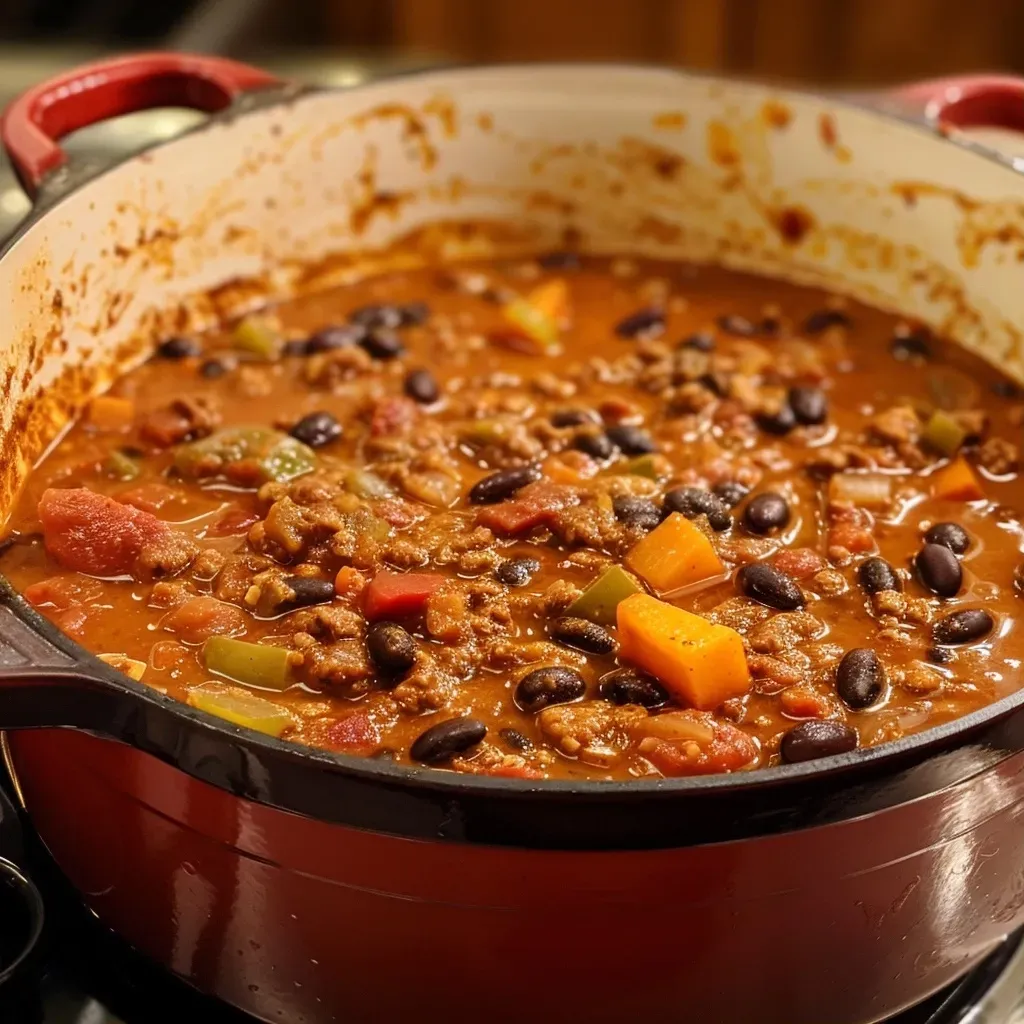 Chili de frijoles negros en un plato, con ingredientes frescos alrededor.