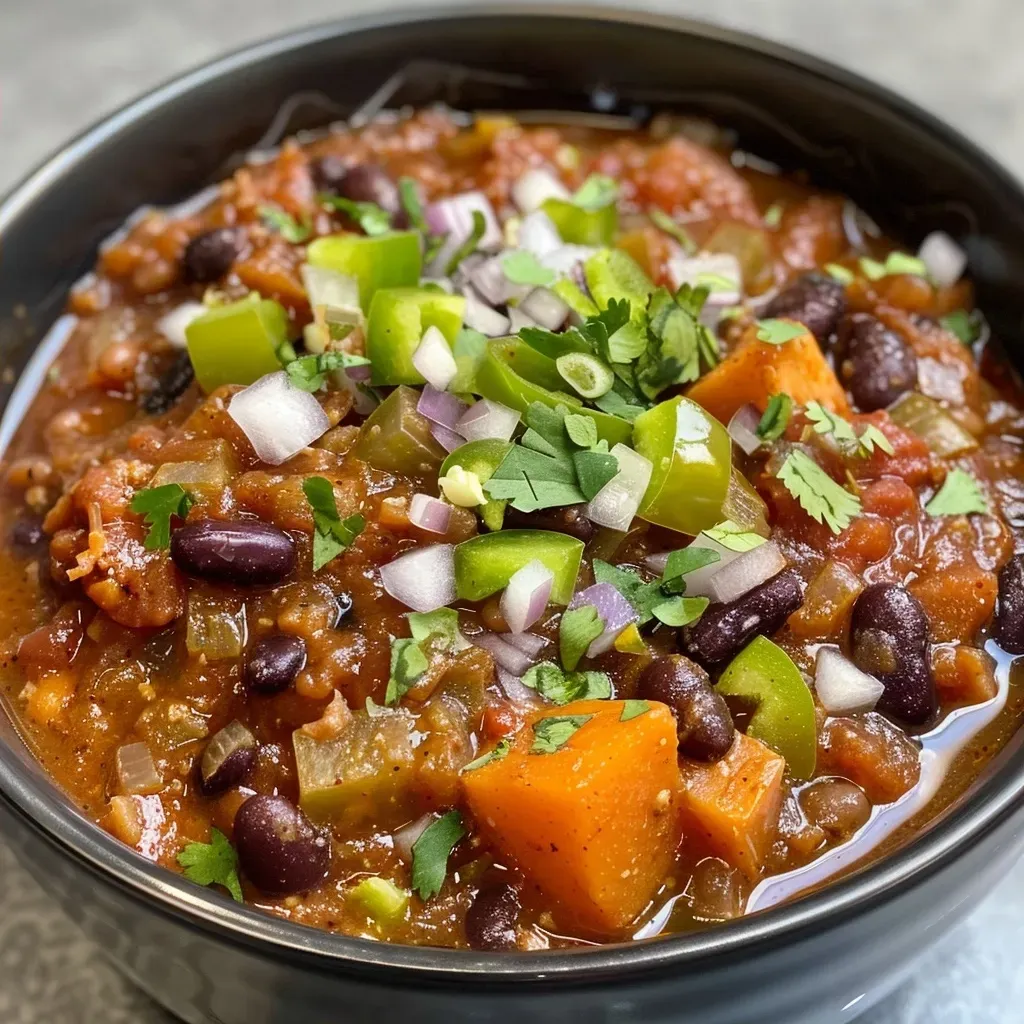 Primer plano de un humeante chili de frijoles negros, mostrando su textura.