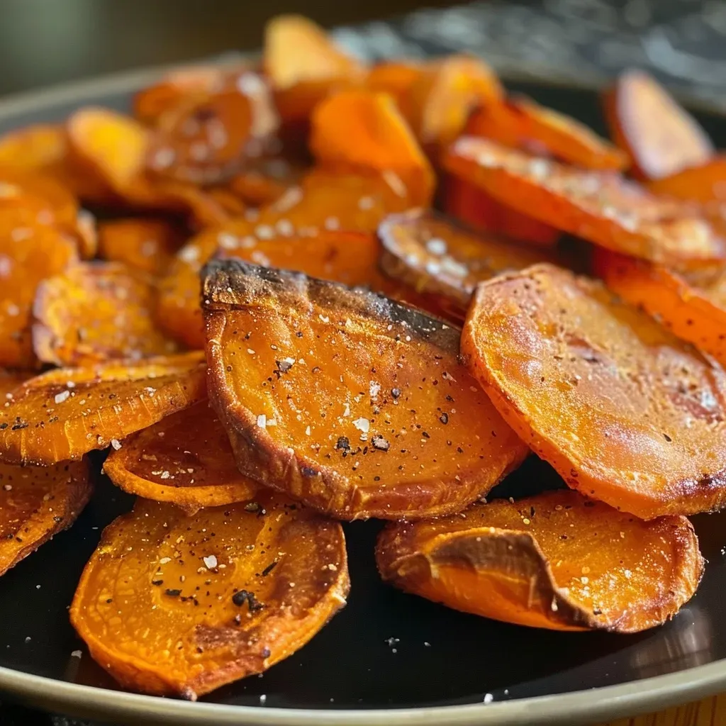 Chips de camote al horno dorados y crujientes en un plato.