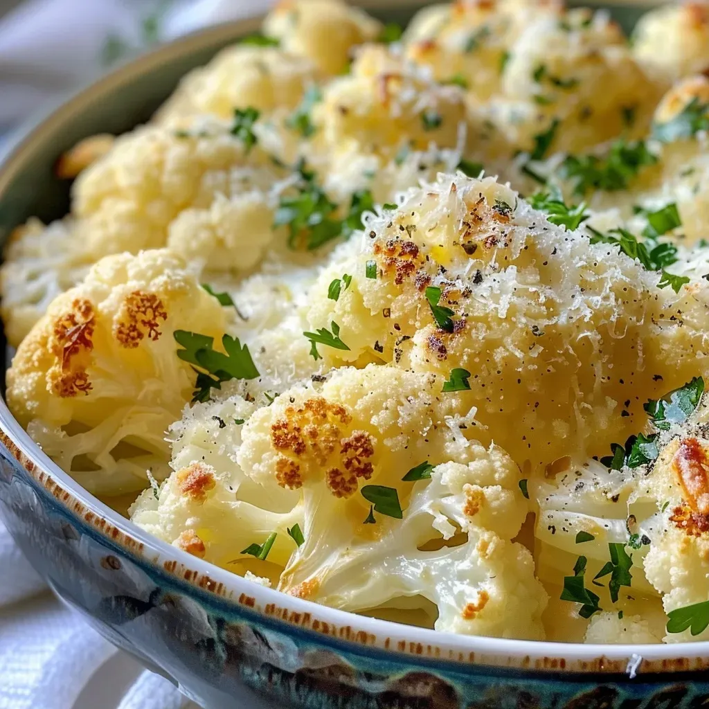 Placa con coliflor alfredo gratinado, mostrando una textura cremosa.