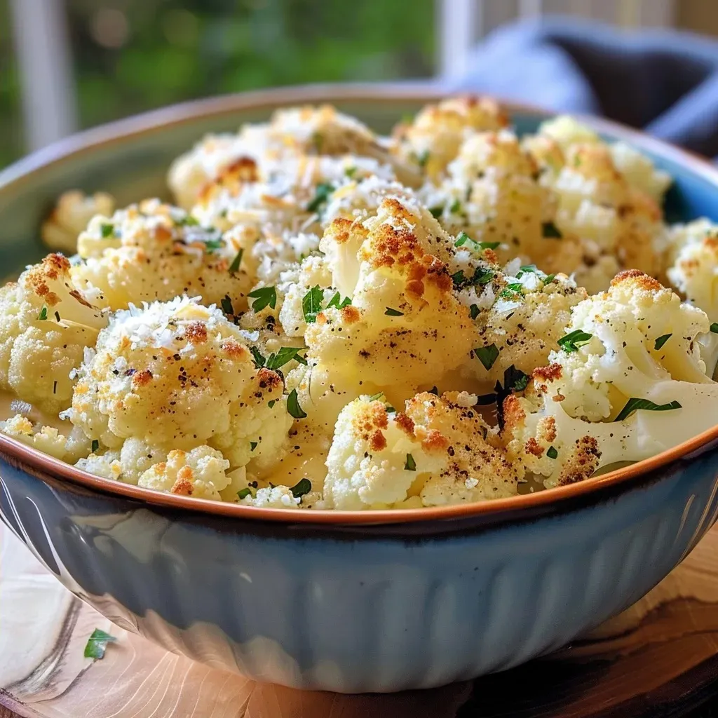 Primer plano de un plato de coliflor con queso derretido y hierbas.