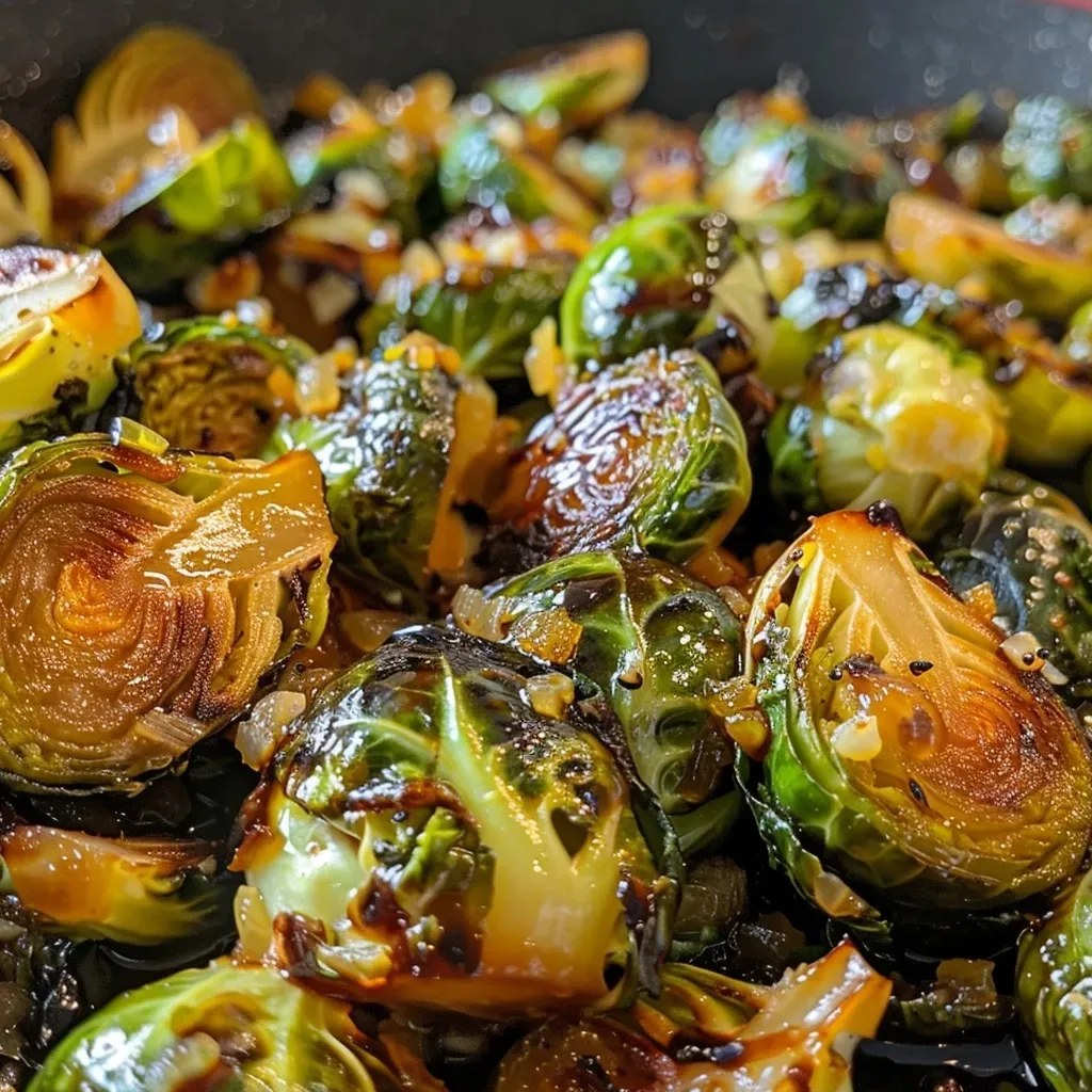 Coles de Bruselas caramelizadas con miel en un plato.