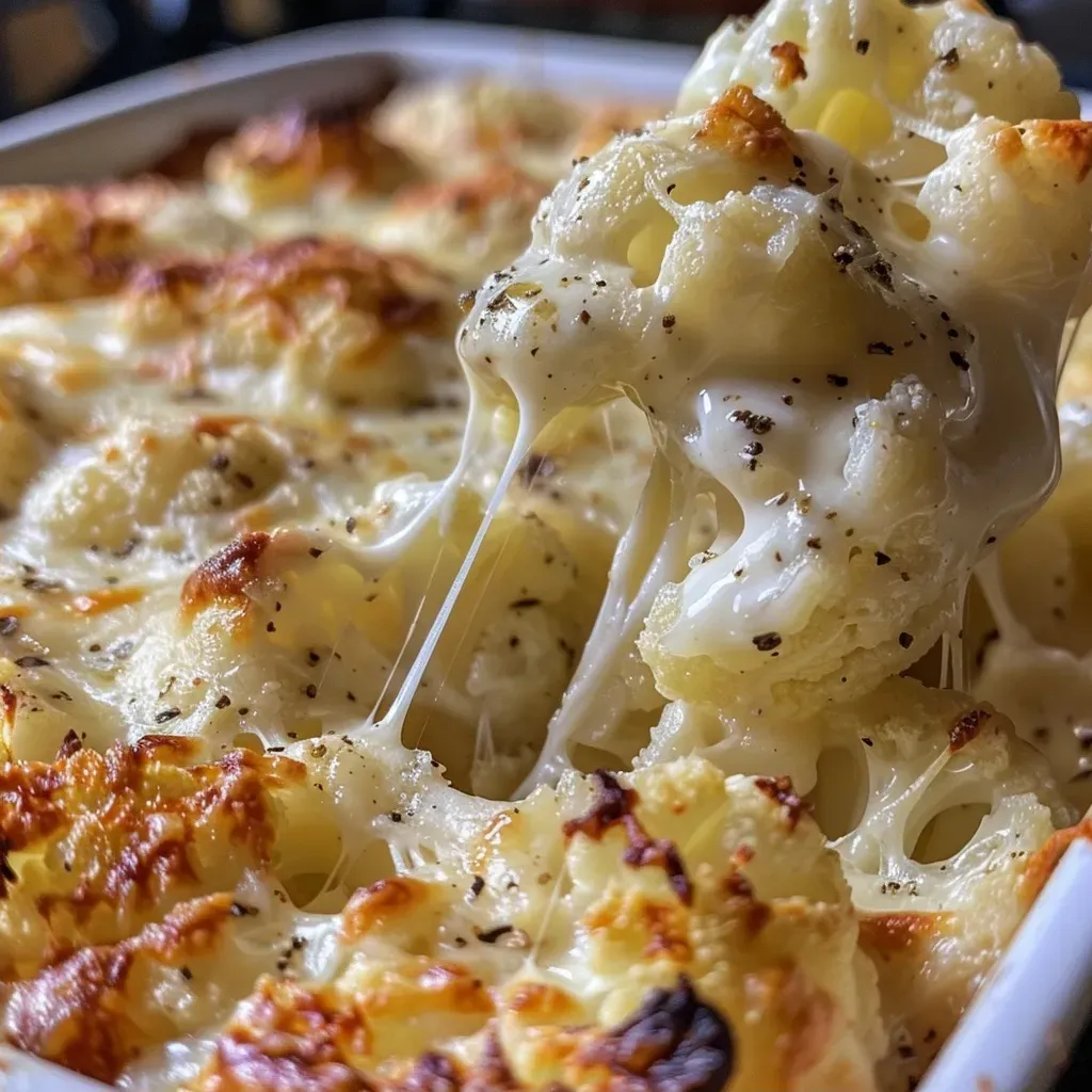 Vista lateral de coliflor gratinada con queso fundido.