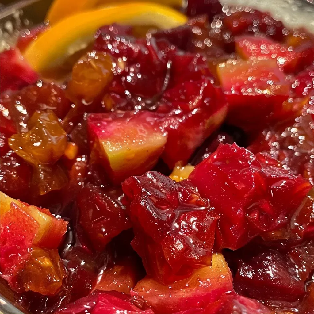 Salsa de arándanos rojos, mostrando su textura jugosa en primer plano.