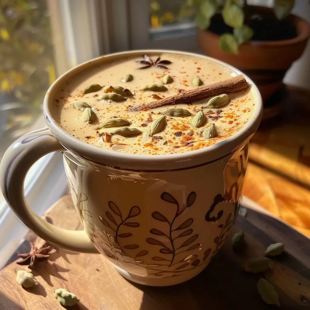 Acercamiento a un concentrado de Masala Chai casero en un recipiente.