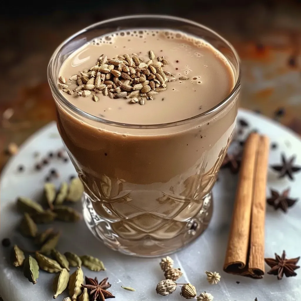 Primer plano de un delicioso concentrado de Masala Chai con especias.