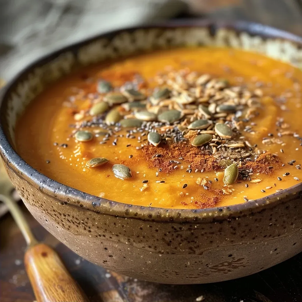 Primer plano de crema de calabaza con un toque de semillas.