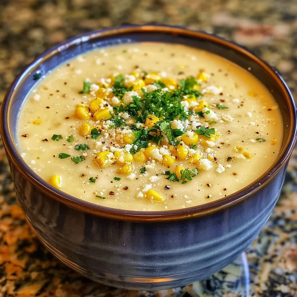 Primer plano de crema de elote decorada con trozos de chile poblano.
