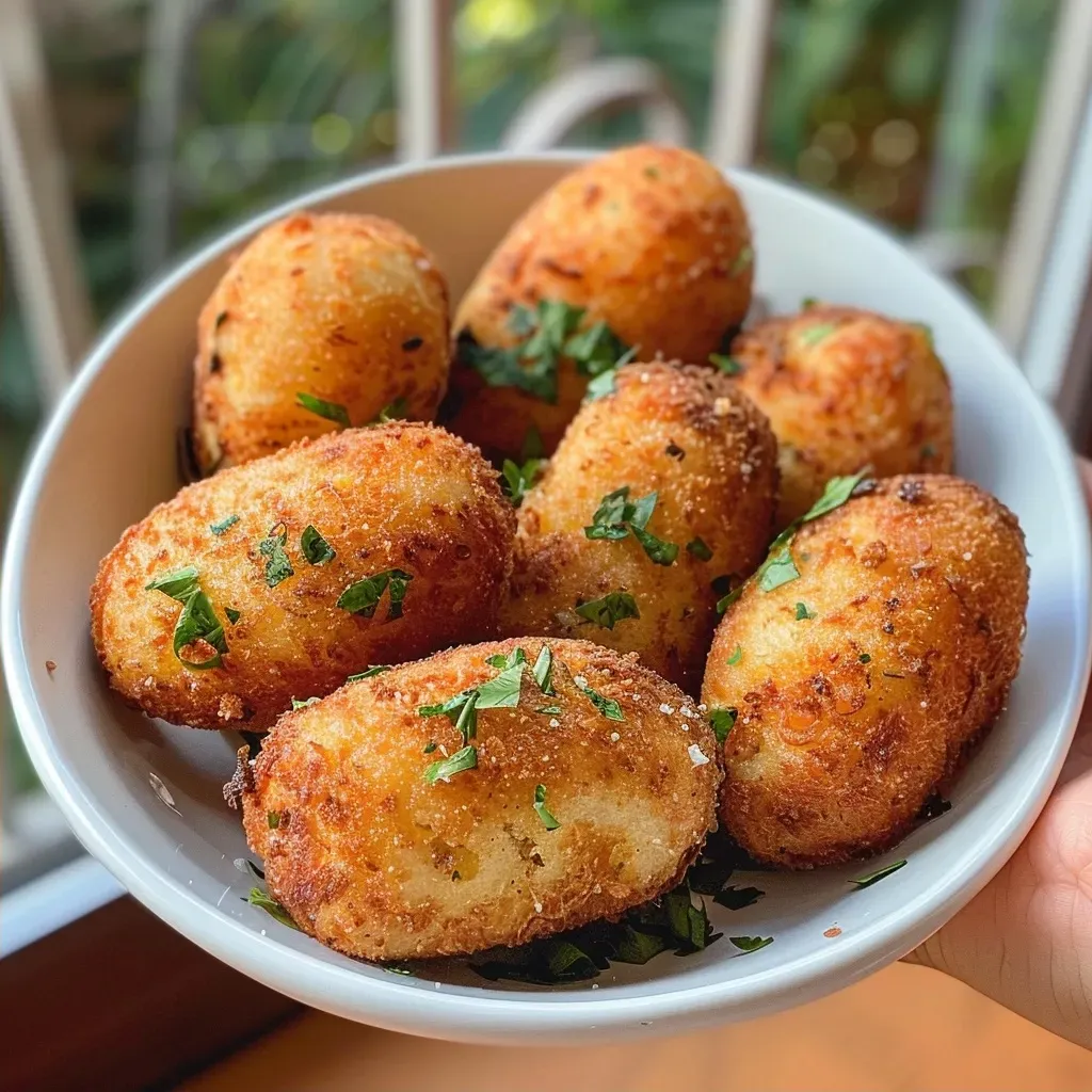Primer plano de croquetas de batata dulce acompañadas de salsa picante.