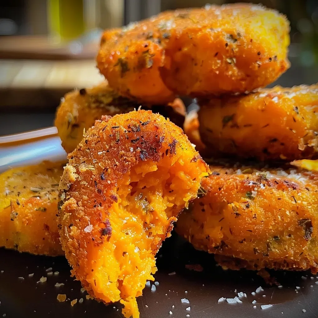 Croquetas de calabaza doradas en primer plano.