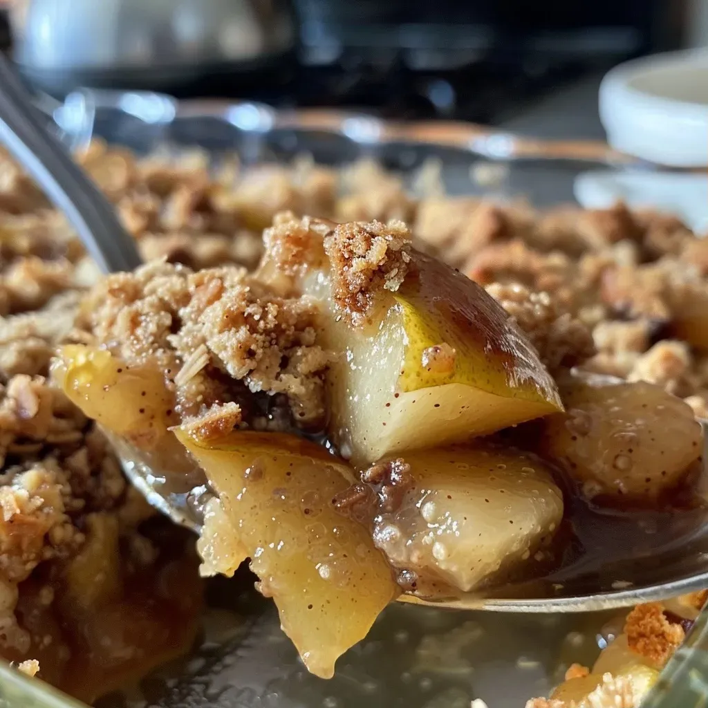 Crumble de pera y canela en primer plano.