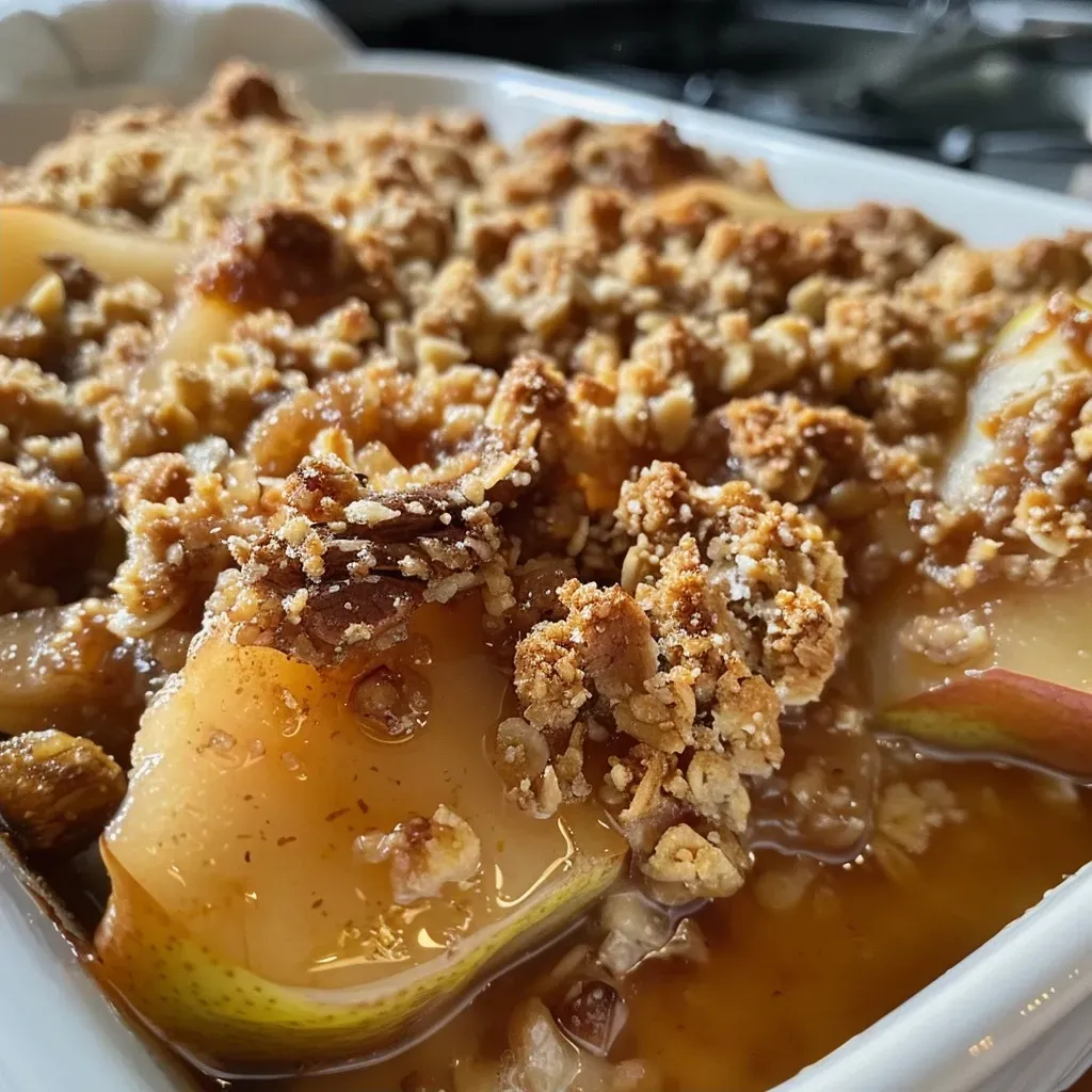 Tazón de crumble de pera con una corteza dorada.
