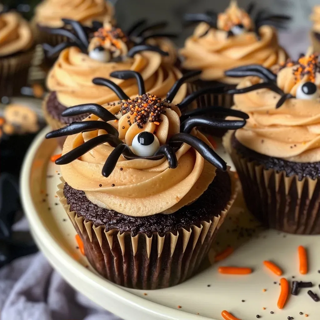 Vista lateral de cupcakes de Halloween con forma de araña.
