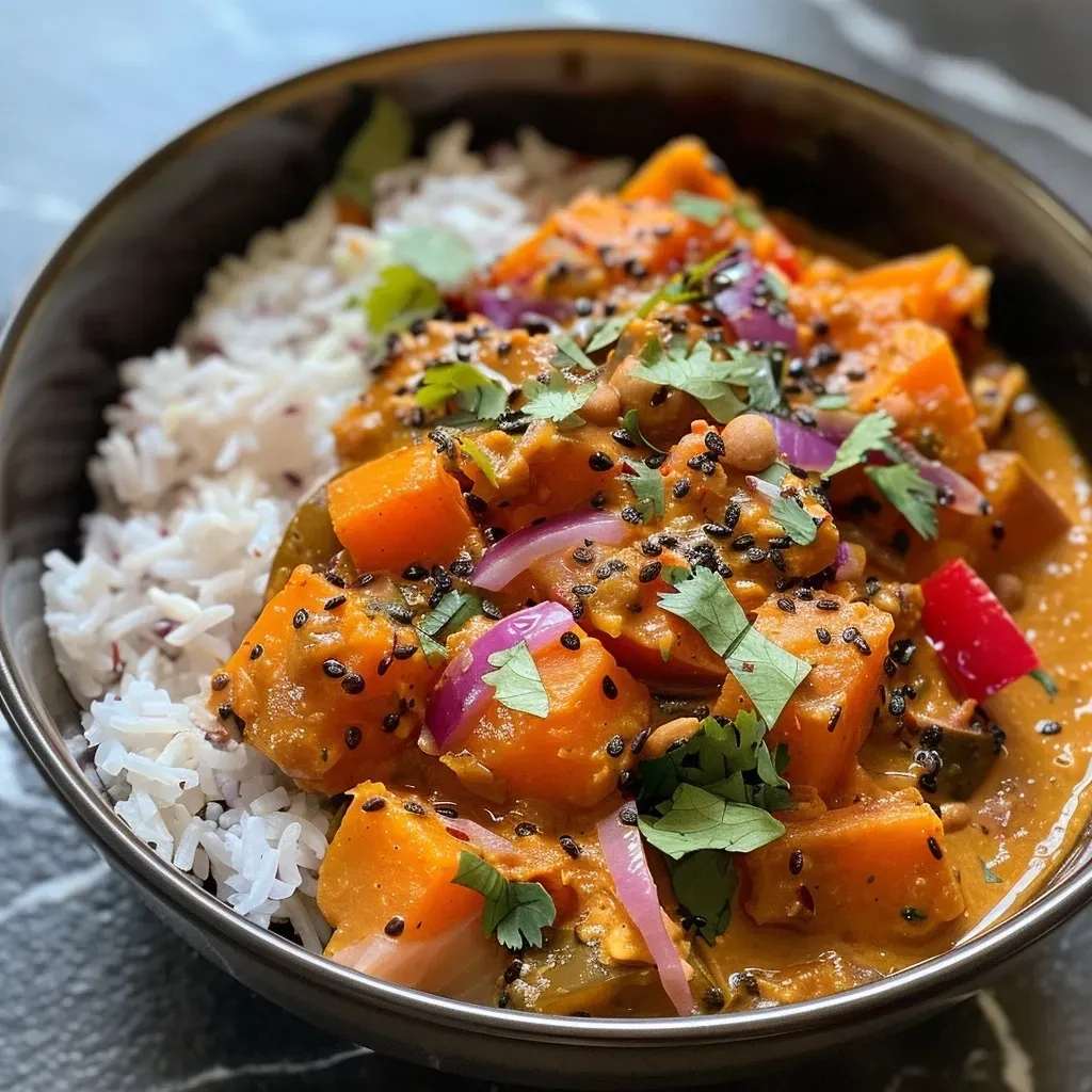 Primer plano de un delicioso curry de calabaza con leche de coco.