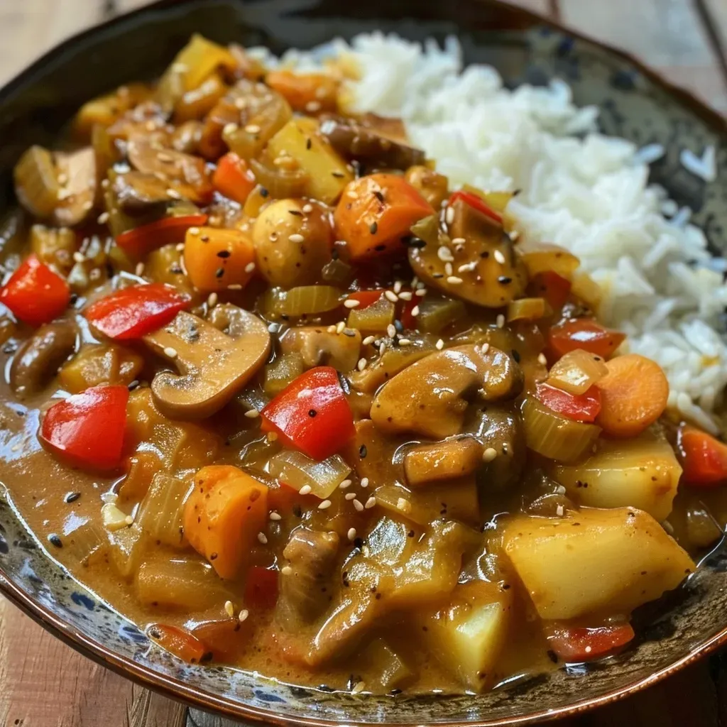Curry japonés vegano en un plato, presentado con verduras frescas.