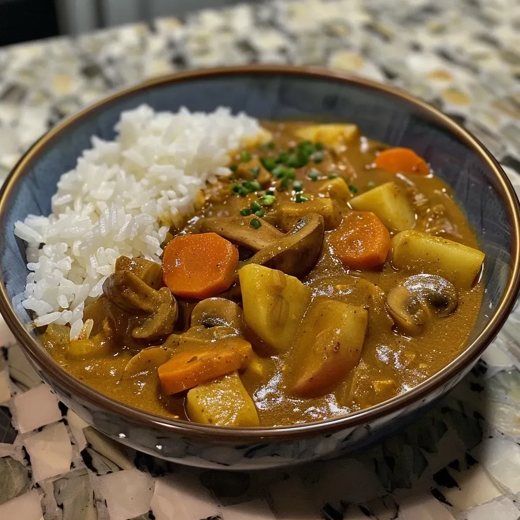 Primer plano de un delicioso curry japonés vegano con ingredientes coloridos.