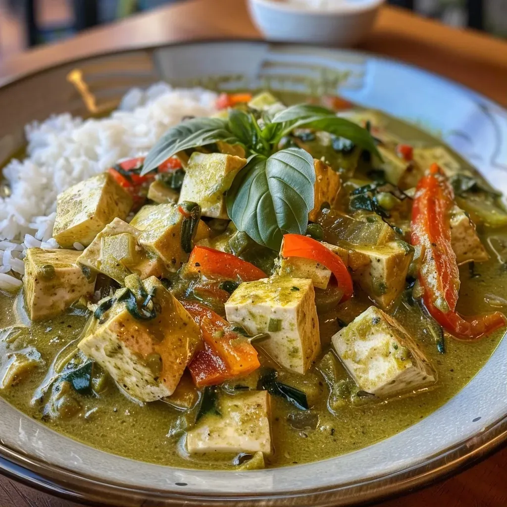 Curry verde tailandés vegetariano con tofu y verduras en un plato.