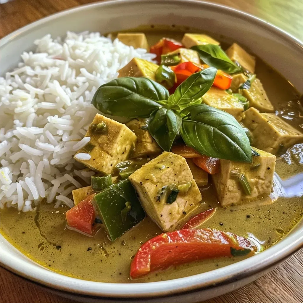 Primer plano de un curry verde tailandés lleno de color y sabor.