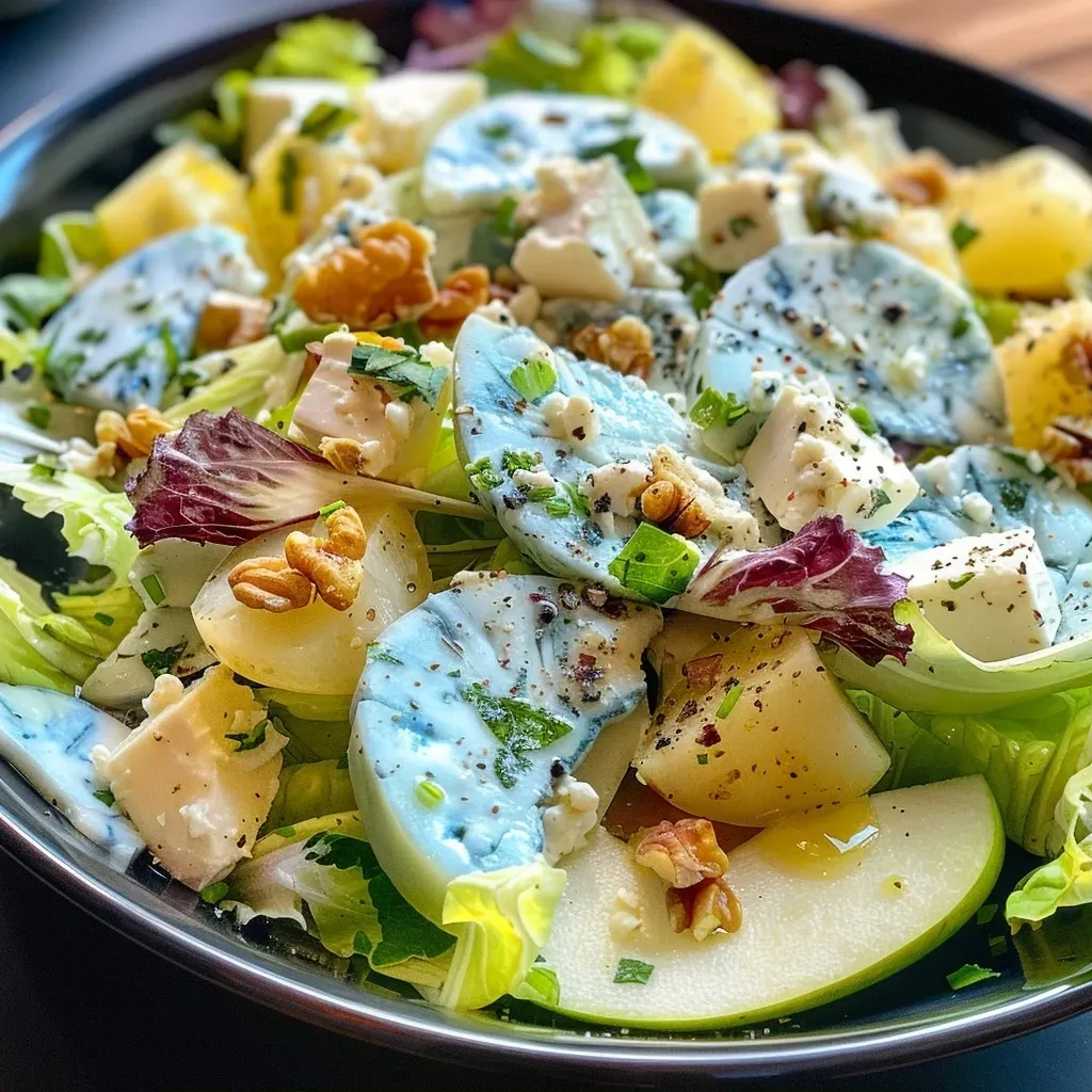 Ensalada fresca con pera y queso azul presentada en un plato.