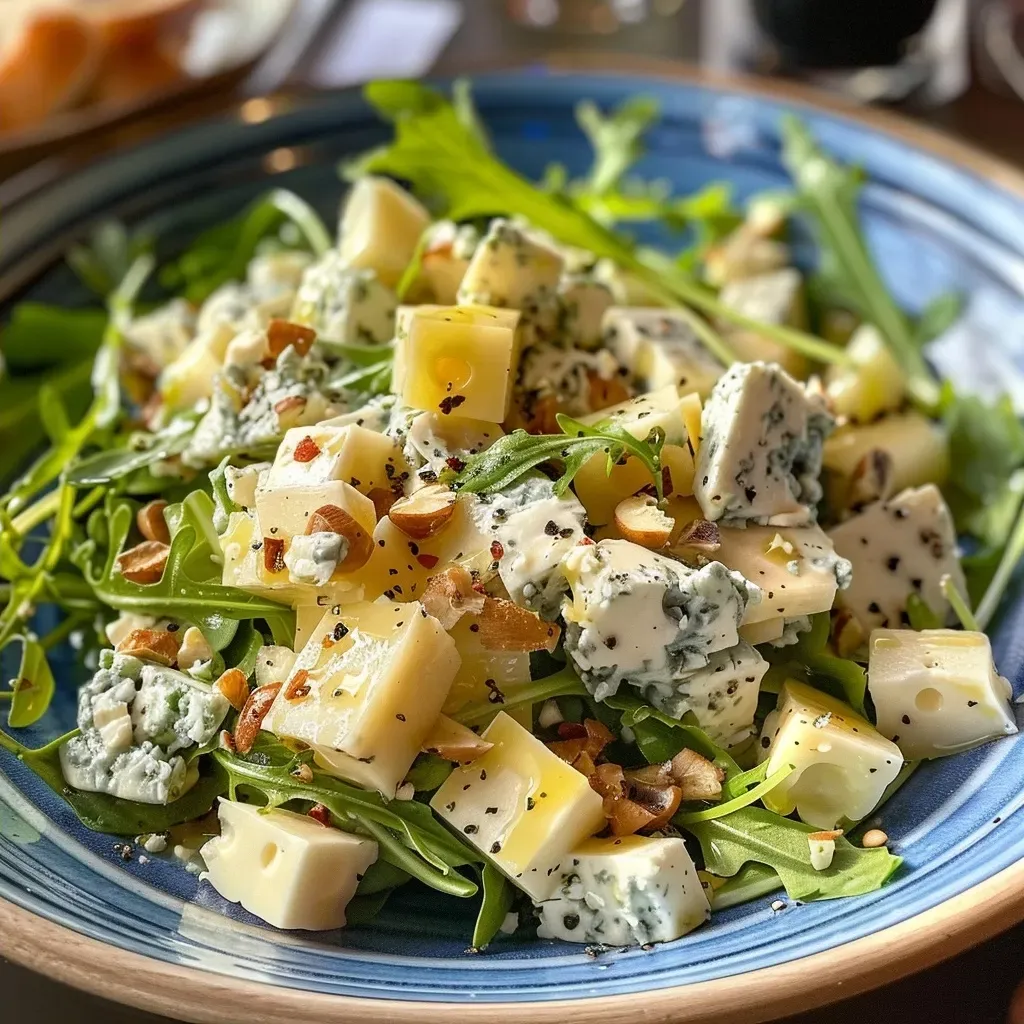 Primer plano de una ensalada colorida con lechugas, pera y nueces.