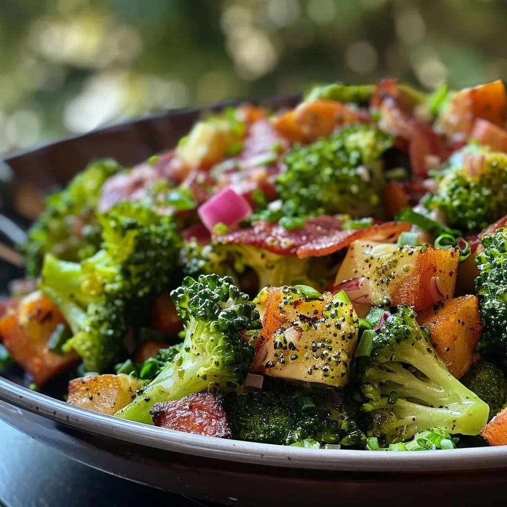 Ensalada de brócoli y tocino en un plato, con ingredientes frescos y coloridos.